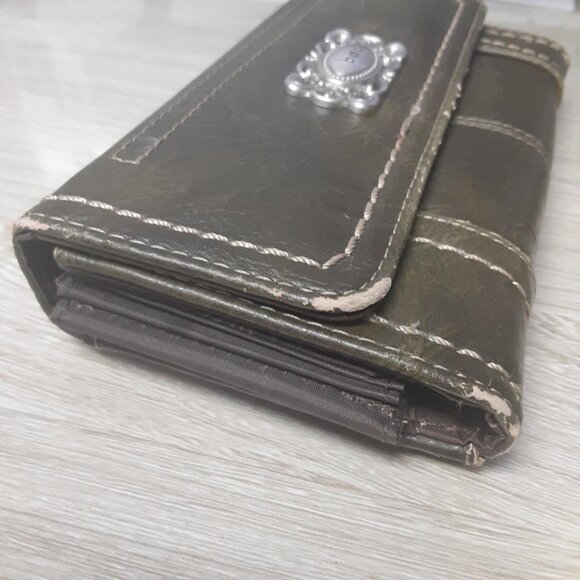 BOC Wallet Faux Leather olive green White Stitch Trim Silver Metal Logo Accent - Picture 4 of 11